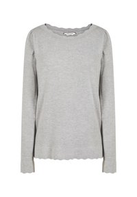 Haut gris à manches longues en tissu doux, avec un col et des poignets festonnés et de subtils petits points texturés sur toute la surface.