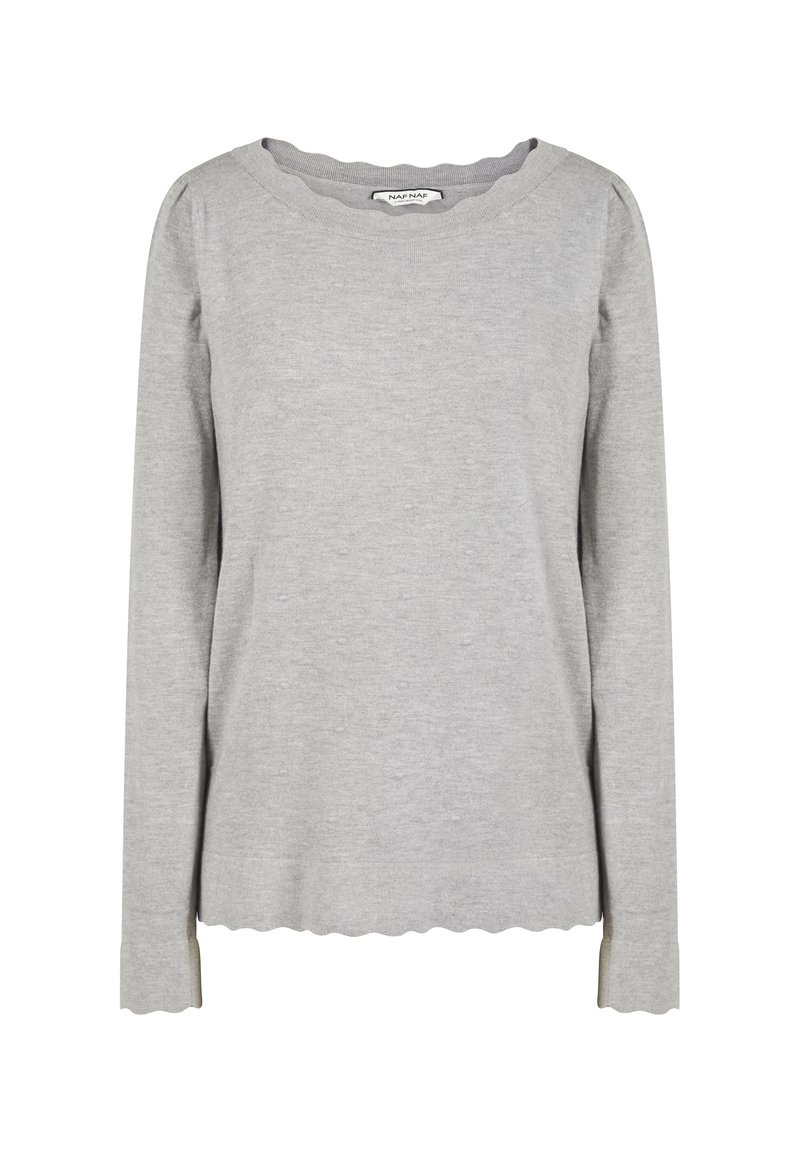 Haut gris à manches longues en tissu doux, avec un col et des poignets festonnés et de subtils petits points texturés sur toute la surface.