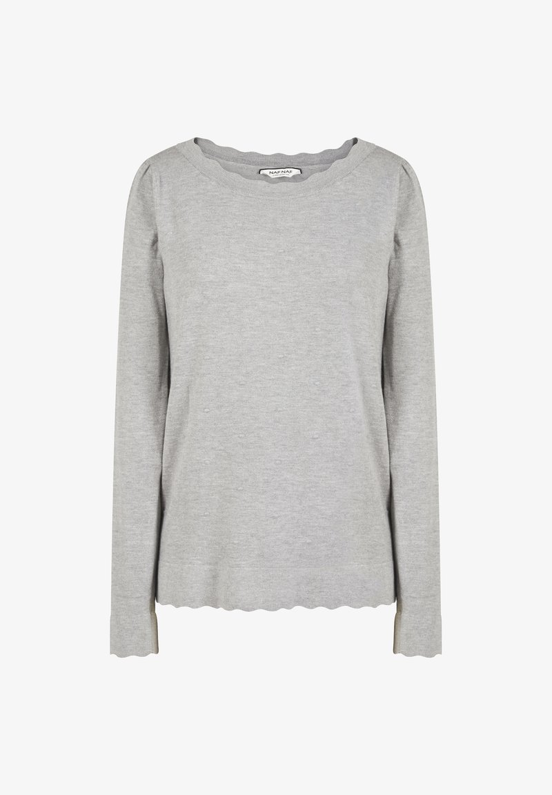 Haut gris à manches longues en tissu doux, avec un col et des poignets festonnés et de subtils petits points texturés sur toute la surface.