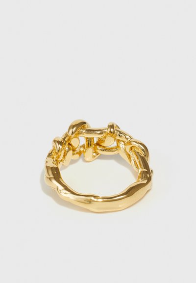 Gold ring with a textured, interwoven chain design. Smooth, reflective finish with rounded links and a unique clasp detail.