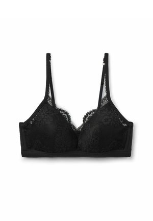 Black lace bralette with a sheer upper and floral pattern, soft triangle cups, adjustable straps, and a solid band.
