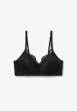 Zwarte kant bralette met een doorschijnende bovenkant en bloemenpatroon, zachte driehoekige cups, verstelbare banden en een stevige band.