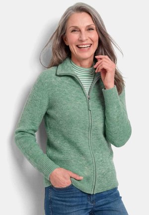 Donna sorridente con capelli grigi che indossa un maglione verde con cerniera sopra una camicia verde a righe e jeans blu, posando con una mano in tasca.