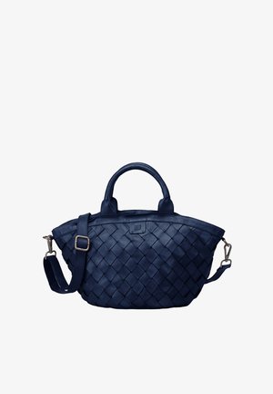 Dunkelblaue gewobene Lederhandtasche mit zwei Traggriffen und einem abnehmbaren Schultergurt, ausgestattet mit einer glatten Textur und dezentem Logo-Detail.