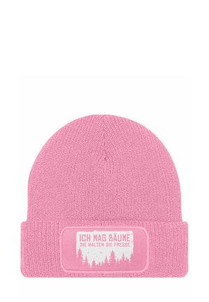 Pink knitted beanie hat with a folded cuff. Features a white patch with the text "ICH MAG BÄUME" and a graphic of trees. Soft texture.