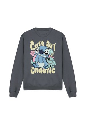 Grey sweatshirt featuring a cartoon character with large eyes, surrounded by tropical elements, and text that reads "Cute but Chaotic."