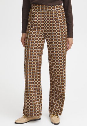 Brown checkered trousers with a wide-leg design, featuring contrasting white and yellow patterns and side pockets. Smooth fabric texture.
