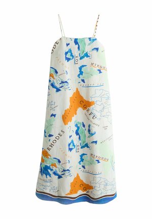 Sukienka bez rękawów z cienkimi ramiączkami, z kolorową mapą Morza Egejskiego i Jońskiego, podkreślającą greckie wyspy.