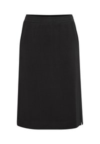 Falda negra hasta la rodilla con una textura suave, cinturilla elástica y una abertura lateral. Diseño sencillo sin patrones ni adornos adicionales.