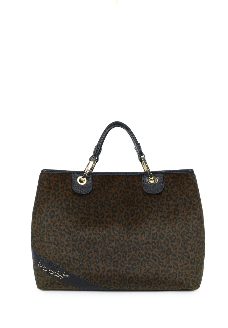 Borsa a tracolla con stampa leopardata e dettagli in pelle nera, forma strutturata, due manici superiori e accessori in metallo con un logo sul lato.
