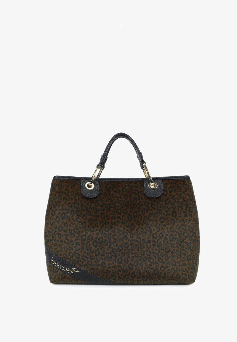 Borsa a tracolla con stampa leopardata e dettagli in pelle nera, forma strutturata, due manici superiori e accessori in metallo con un logo sul lato.