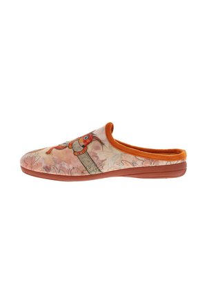 Chaussons à enfiler en tissu doux et à motifs beige, avec un intérieur orange et une illustration décorative d'oiseau sur le dessus.