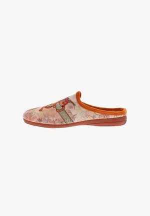 Chaussons à enfiler en tissu doux et à motifs beige, avec un intérieur orange et une illustration décorative d'oiseau sur le dessus.