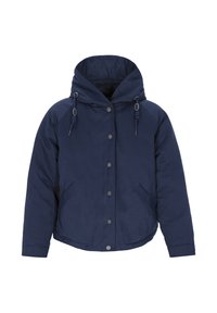 Marinblå puffjacka med huva, utrustad med tryckknappar, dragsnören och sidofickor. Slät tygtextur, avslappnad design.