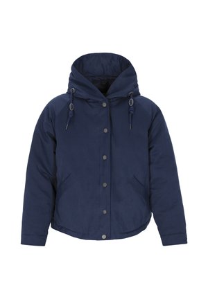 Tumesinine täispuhutav jope kapuutsiga, mis sisaldab nupuvajutusi, nööridetailide ja küljetaskutega. Sile kangastekstuuri, igapäevane disain.