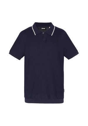 Marineblauw poloshirt met korte mouwen, witte bies op de kraag en een sluiting met één knoop.