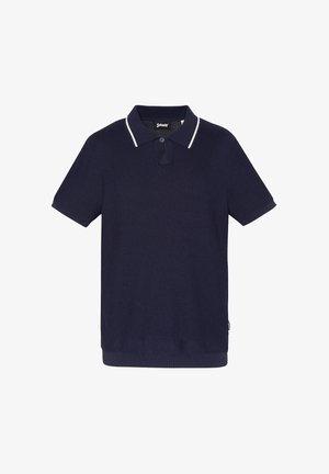 Polo bleu marine à manches courtes avec une bordure blanche sur le col et une patte de boutonnage à un seul bouton.