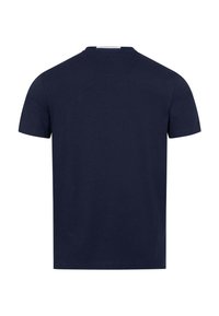 Navy blue short-sleeve cotton T-shirt, featuring a round neckline and straight cut. Smooth texture with no visible patterns or accents.