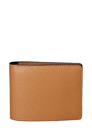 Tan leather wallet with a textured surface, rectangular shape, and contrasting black stitching, featuring no visible logos or hardware.