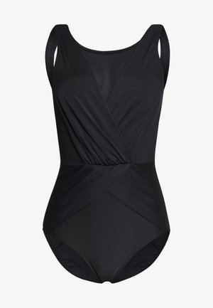 Costume da bagno intero nero realizzato in tessuto morbido, con un design avvolgente, spalline larghe e dettagli arricciati in vita per una vestibilità flatterante.