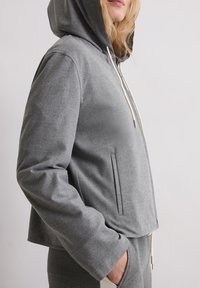 Szara bluza z kapturem o krótkim fasonie, wyposażona w ściągacz, boczne kieszenie i miękką fakturę. Prosty i nowoczesny wygląd.