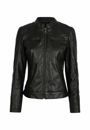 Juodas odinis švarkas su apykakle, dviem užtrauktukais uždaromomis krūtinės kišenėmis ir prigludusia siluetu, šiek tiek blizga medžiaga.