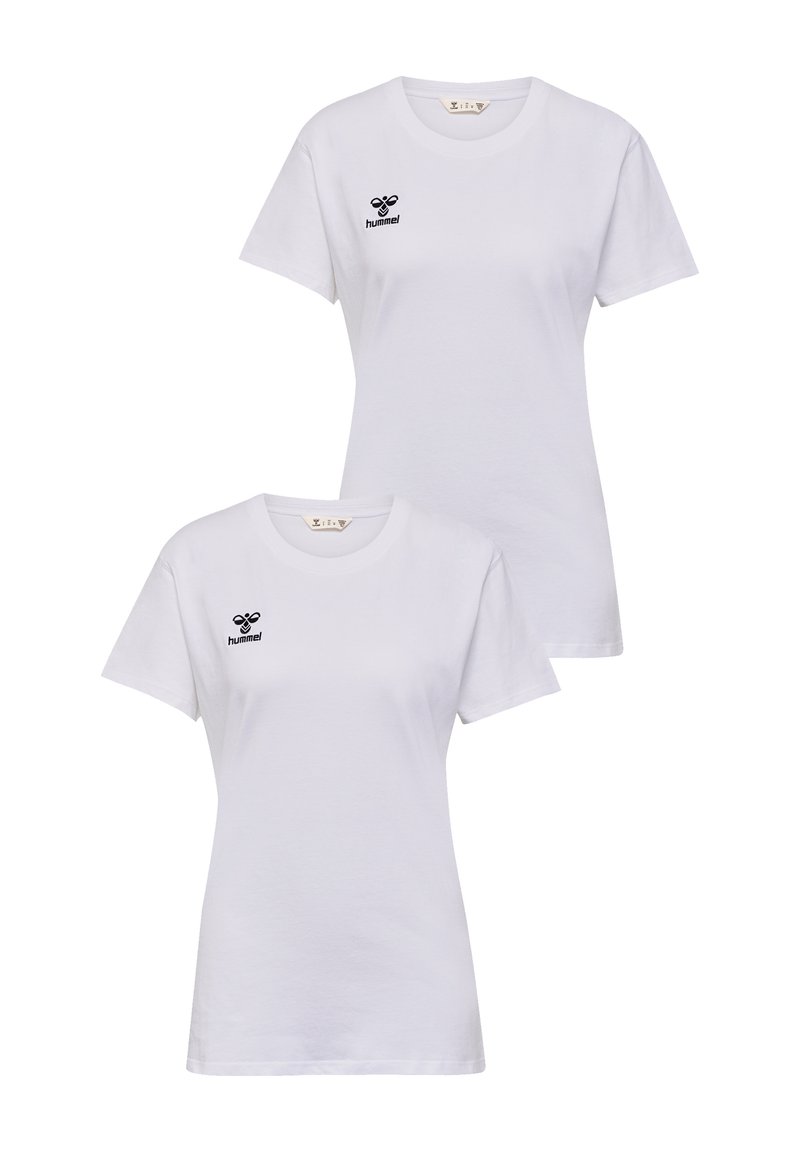 White cotton t-shirts, short sleeves, round neck, featuring a black "hummel" logo on the left chest area. Two t-shirts displayed.
