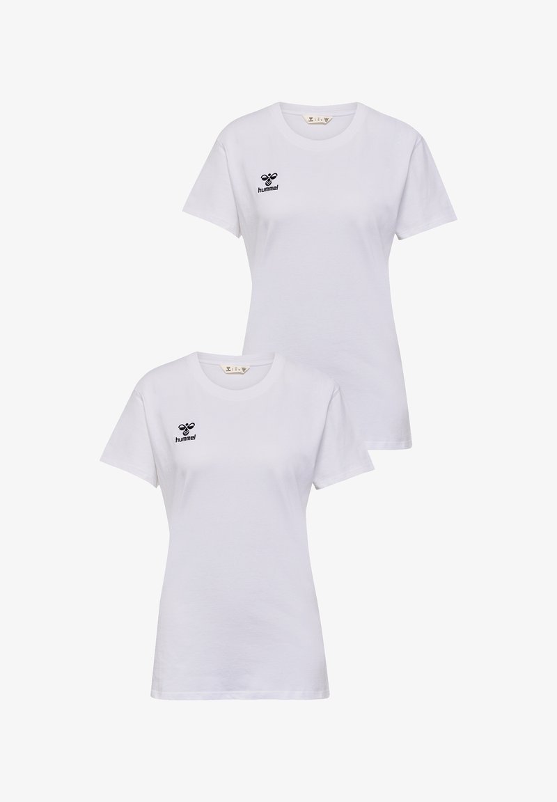 White cotton t-shirts, short sleeves, round neck, featuring a black "hummel" logo on the left chest area. Two t-shirts displayed.