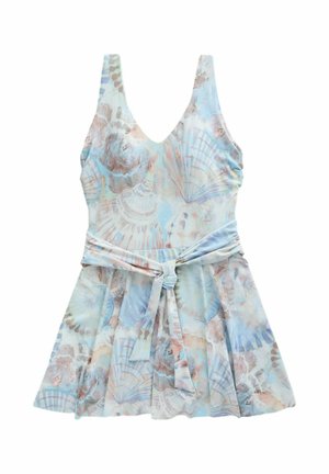 Robe sans manches avec décolleté en V et ceinture, présentant un motif coquillage pastel bleu, beige et marron clair sur une jupe fluide.