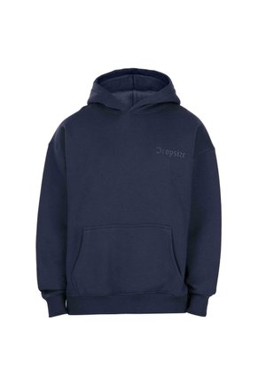 Navy blue hoodie with front pouch pocket and hood, featuring subtle "Dropsize" text on the left chest.