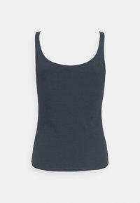 Débardeur côtelé bleu foncé sans manches avec un col rond dégagé et une coupe slim, présenté sur un fond clair uni.