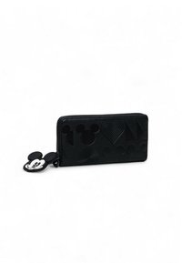 Black wallet featuring embossed geometric shapes and Mickey Mouse design on the zipper pull. Made from textured material, with a zip closure.