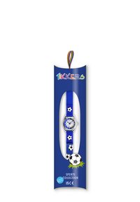 Orologio con cinturino in silicone blu, design a pallone da calcio, quadrante rotondo color argento, dettagli bianchi e blu, confezionato in una colorata scatola blu.