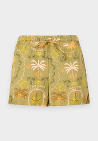 Shorts vert olive avec ceinture élastique et cordon de serrage, ornés de motifs de palmiers et de fleurs orange et jaunes avec les textes "sun" et "soleil".