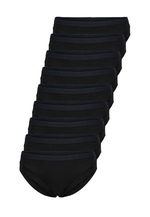 Sort bomuldsundertøj med en glat tekstur, der har et mørkeblåt elastisk bånd prydet med "JES of DENMARK," stablet i rækker.
