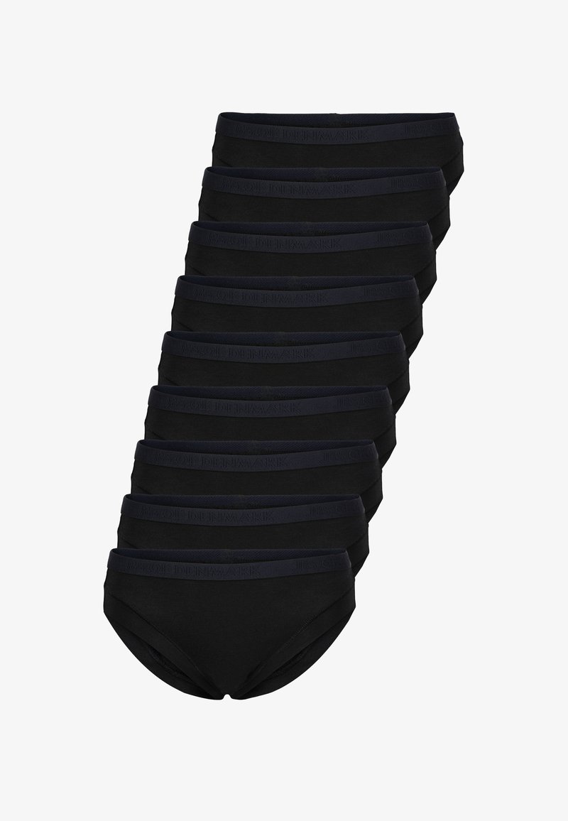 Sort bomuldsundertøj med en glat tekstur, der har et mørkeblåt elastisk bånd prydet med "JES of DENMARK," stablet i rækker.