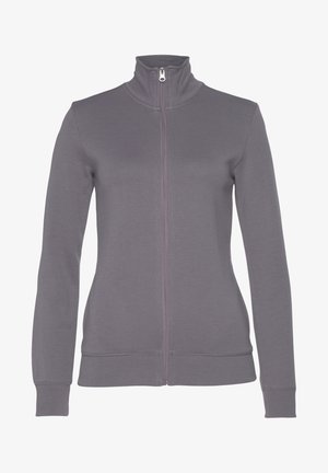 Grauer Reißverschluss-Sweatshirt mit hohem Kragen, langen Ärmeln sowie gerippten Bündchen und Saum. Hergestellt aus weichem, dehnbarem Material mit glatter Textur.