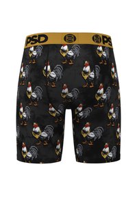 Black boxer shorts featuring a repeated rooster pattern, textured fabric, and a gold logo waistband. Design includes colorful crown and dollar sign accents.
