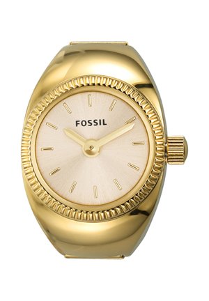 Goldfarbene Fossil-Armbanduhr mit rundem Zifferblatt, minimalistischen Stundenmarkierungen, zwei goldfarbenen Zeigern und geriffelter Lünette, zeigt 10:08 Uhr an.