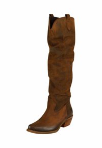Stivali al ginocchio in pelle marrone con un design morbido, punta affusolata e tacco impilato. Presentano una texture resistente e una leggera lucentezza.