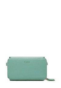 Mint green rectangular wallet made of smooth leather with a zipper closure and embossed "VUCH" logo on the front.