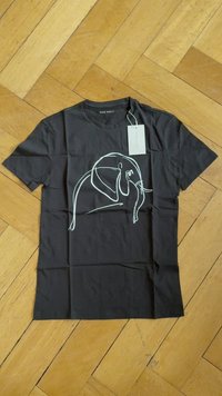 Black cotton t-shirt featuring a white line drawing design. Short sleeves, crew neck, with a brand tag attached. Smooth texture.