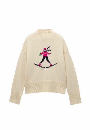 Cremefarbener Strickpullover mit hohem Rippenkragen und überschnittenen Ärmeln. Präsentiert ein buntes Skifahrermotiv in Pink und Schwarz.