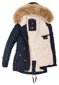Navy blue parka jacket with faux fur hood, soft beige lining, drawstring waist, and multiple pockets. Features tan accents and hardware.