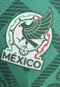 Green football jersey featuring a circular logo with a stylized eagle and soccer ball, accented by red and green details and “MÉXICO” text.
