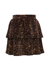 Plooirokje in zacht, textuurmateriaal met een bruin en zwart luipaardpatroon. Heeft gelaagde lagen voor extra volume.