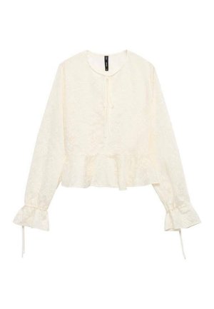 Cremefarbene Bluse mit langen Ärmeln, einem Peplum-Saum, strukturiertem Blumendesign und Bindeband am Ausschnitt. Glockenförmige Ärmel mit Bindebändern.