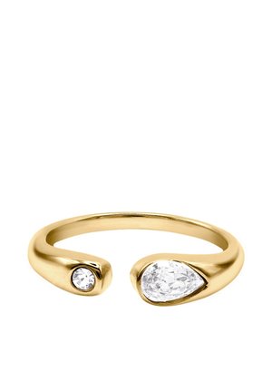 Offener Goldring mit einem runden und einem birnenförmigen klaren Edelstein an jedem Ende.