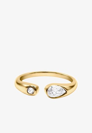 Anello aperto in oro con una pietra preziosa trasparente rotonda e una a forma di pera impostate a ciascuna estremità.