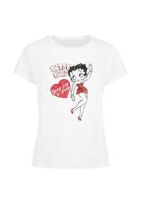 Valge lühikeste varrukatega T-särk, millel on graafika karikatuurist tegelaskujust, kes kannab punast kleiti. Tekstid "Betty Boop" ja "Boop-oop-a-doop" on punases kirjas.